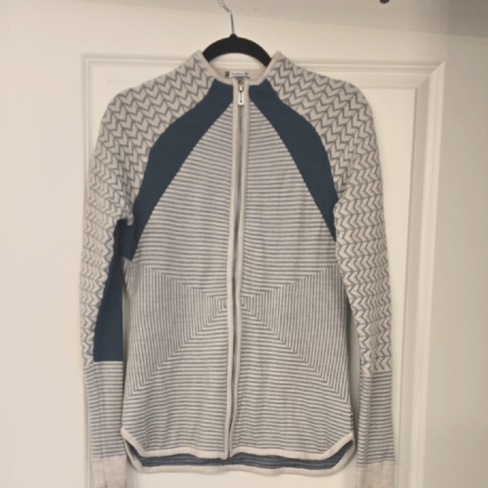 Smartwool Zip Up Sweater With Thumbholes Size M. Teal & Cream